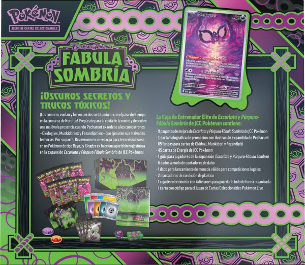 Pokemon TCG Escarlata y Purpura: Fabula Sombria - Elite Trainer Box Okidogi, Munkidori y Fezandipiti En Español For Cheap